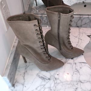 Steve Madden Satisfied Corset-Lace Bootie in Taupe